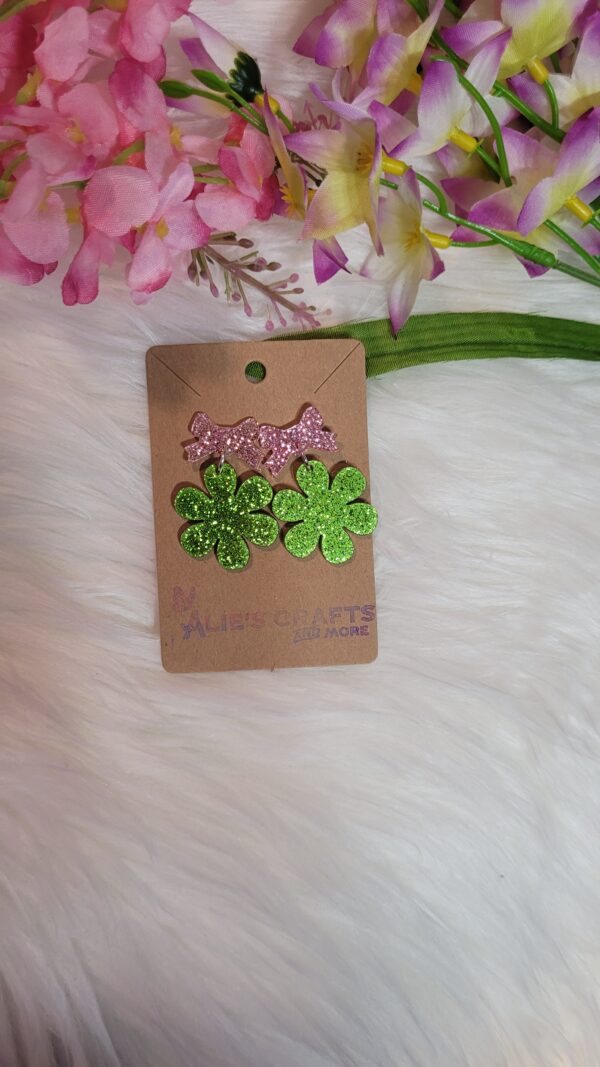 Green flower with bow post earrings