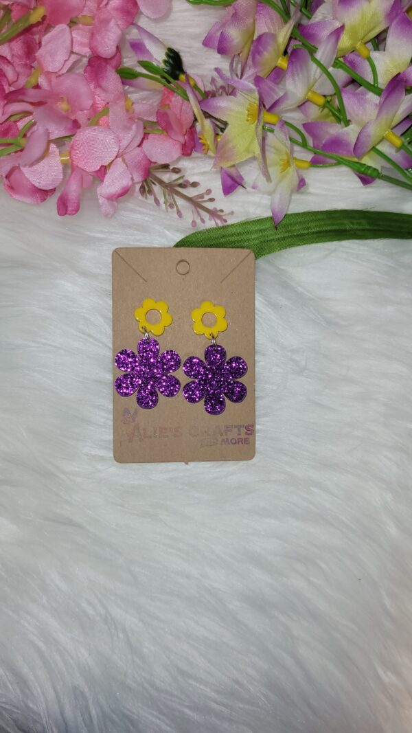 Purple glitter flower earrings - Image 2