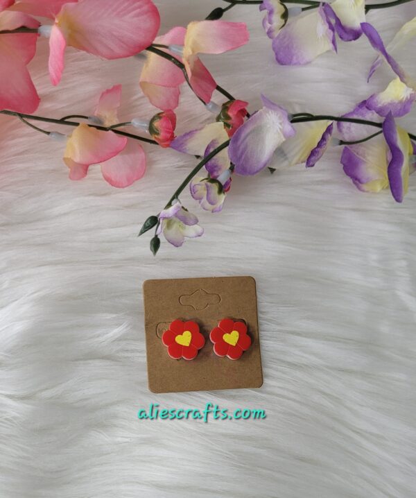 Red flower with yellow heart earrings - Image 2