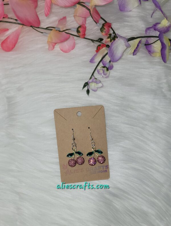 Pink Rhinestone cherry charm earrings