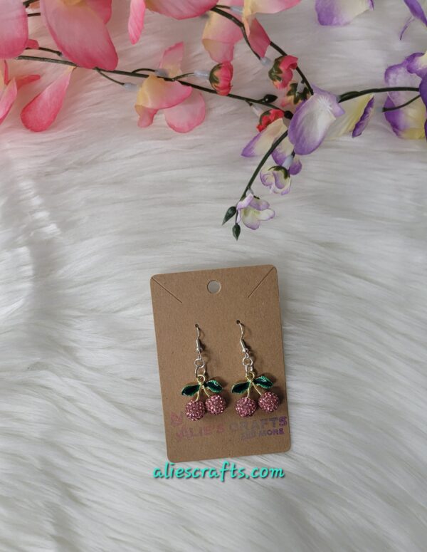 Pink Rhinestone cherry charm earrings - Image 2