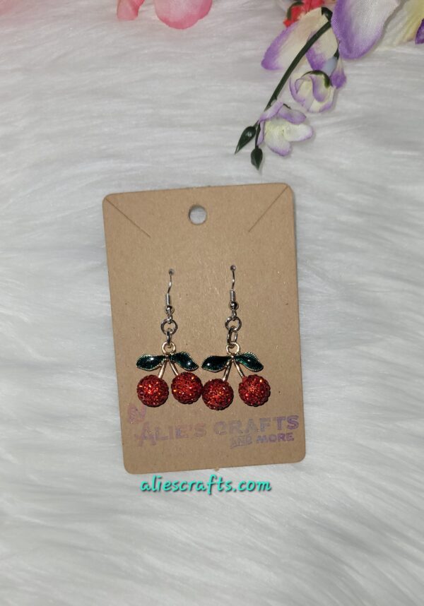 Red rhinestone cherry charm earrings - Image 3