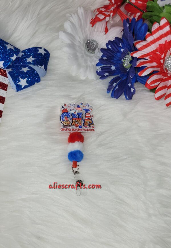 Cna patriotic badge with fluffy beads
