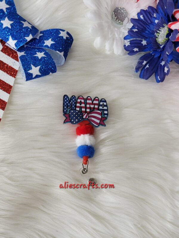 Flag mama badge with fluffy beads