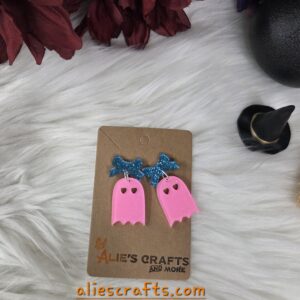 Pink ghost with blue glitter bows earrings