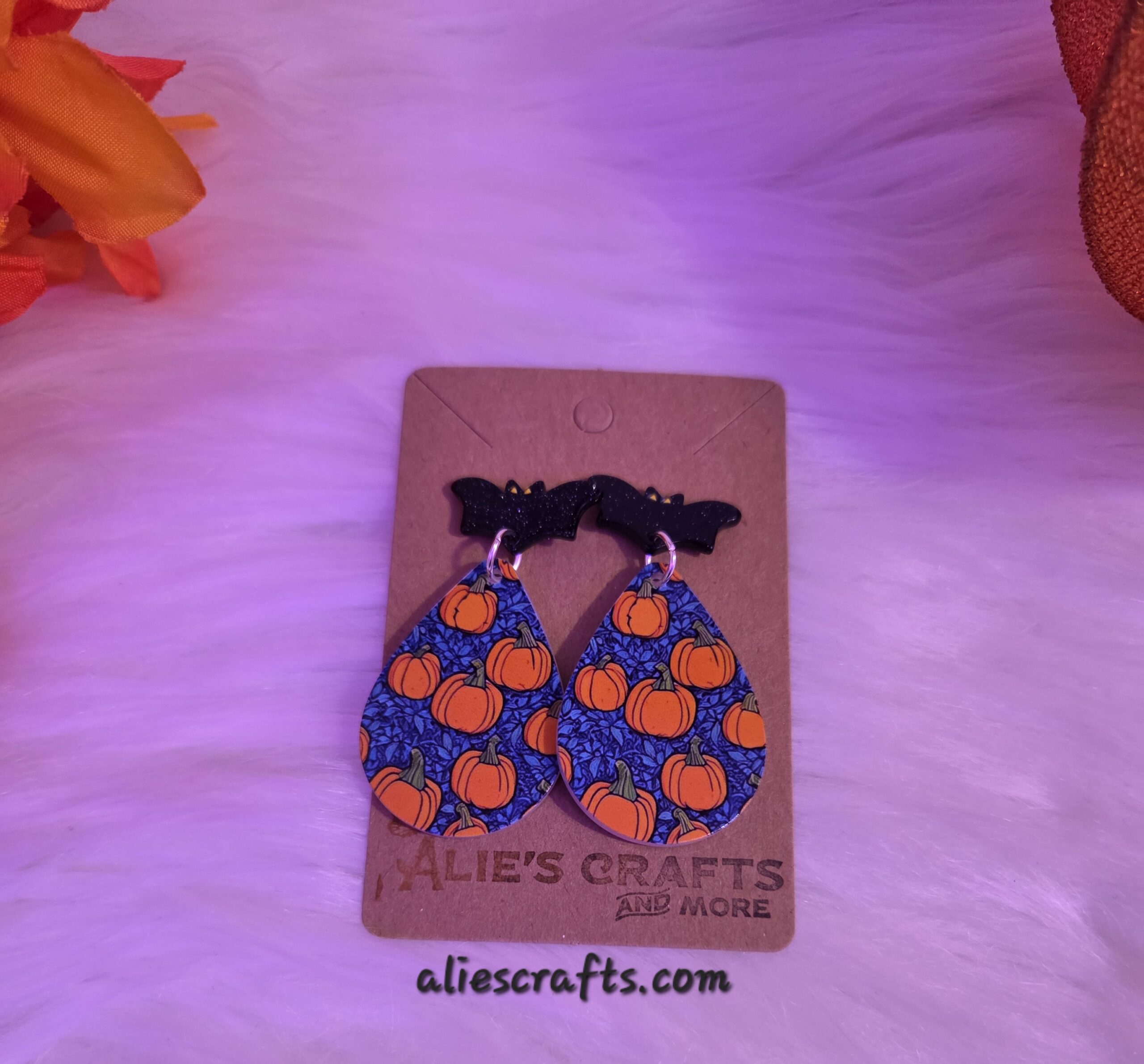 Pumpkin with bat post earrings - Image 2
