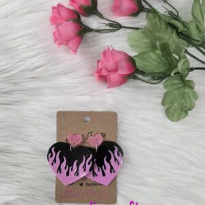 Pink heart on fire earrings