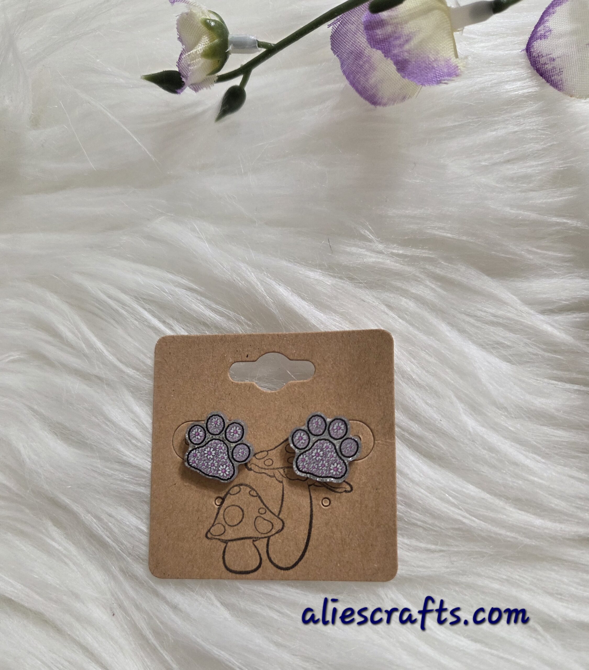 Pink flower dog paw print earrings