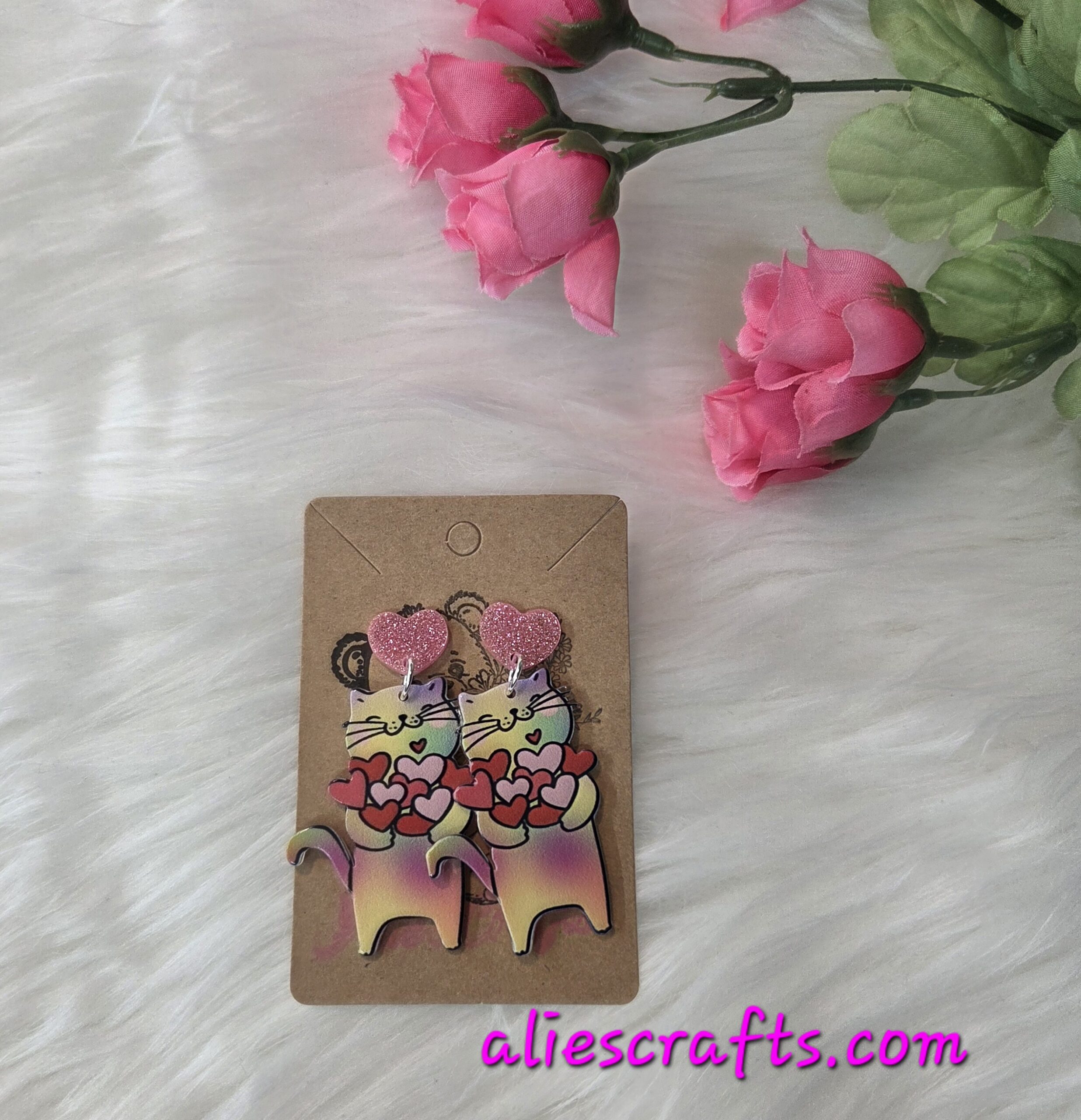 Cat with heart earrings
