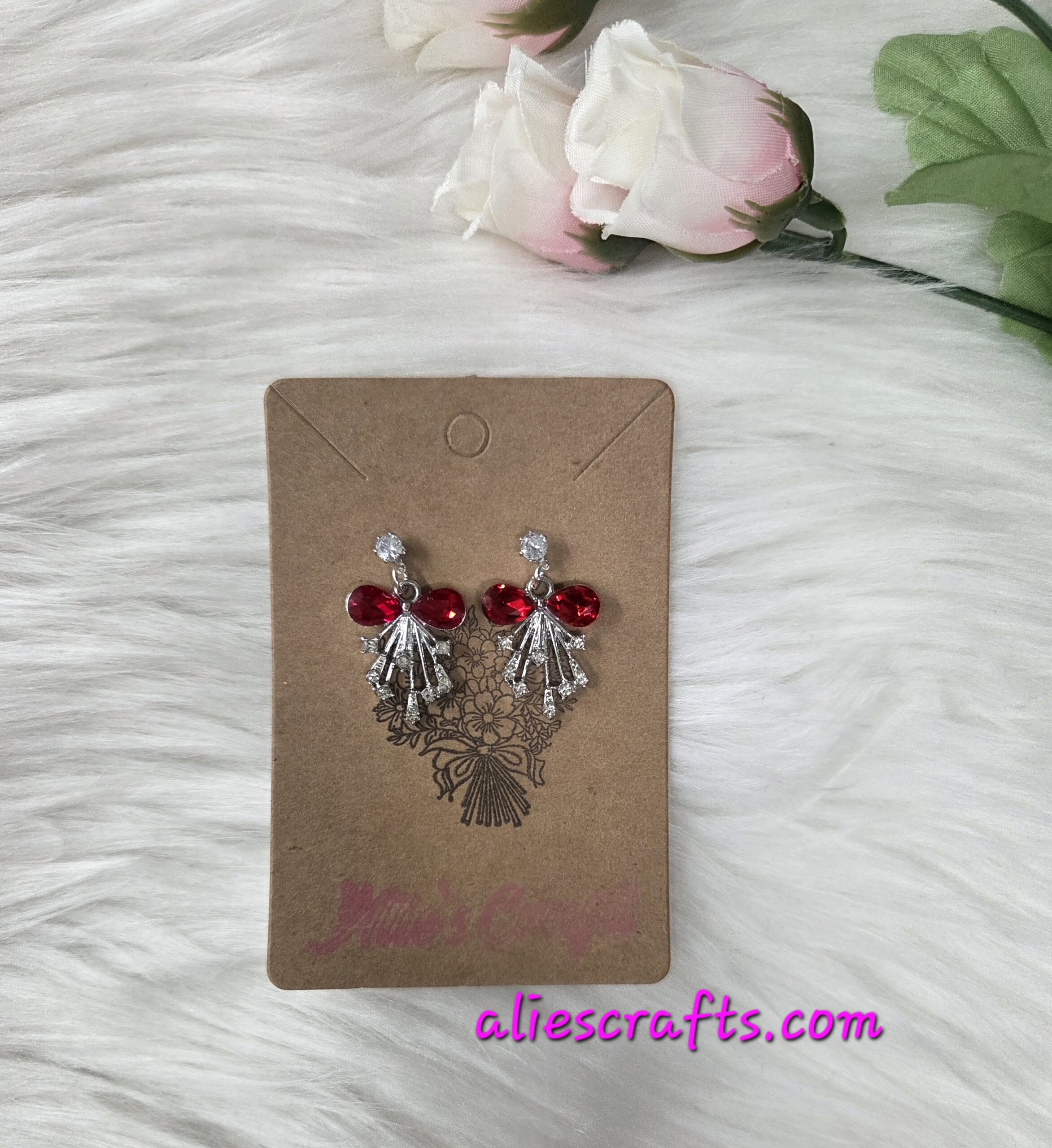 Red bow rhinestone earrings - Image 3