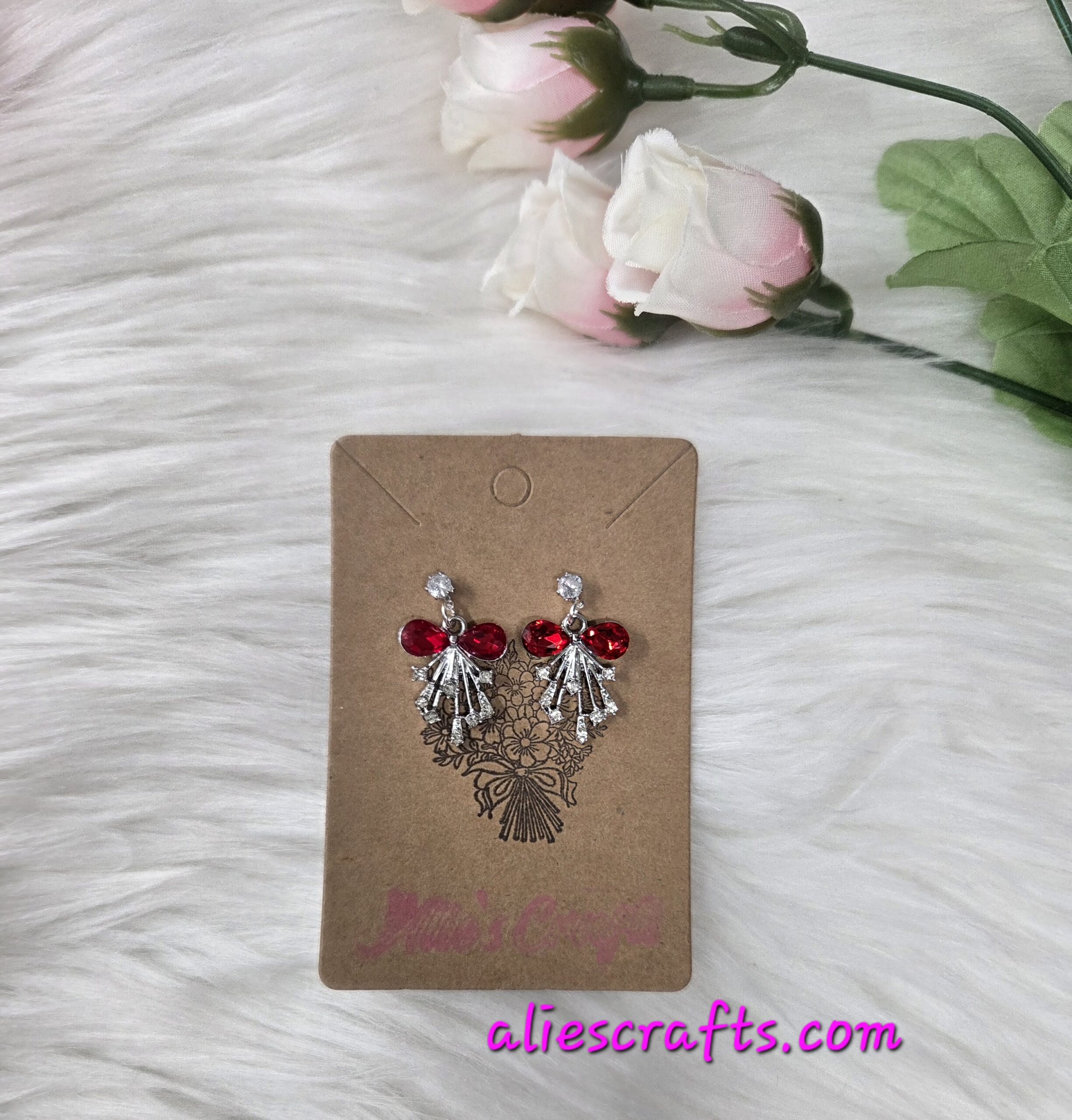 Red bow rhinestone earrings - Image 4
