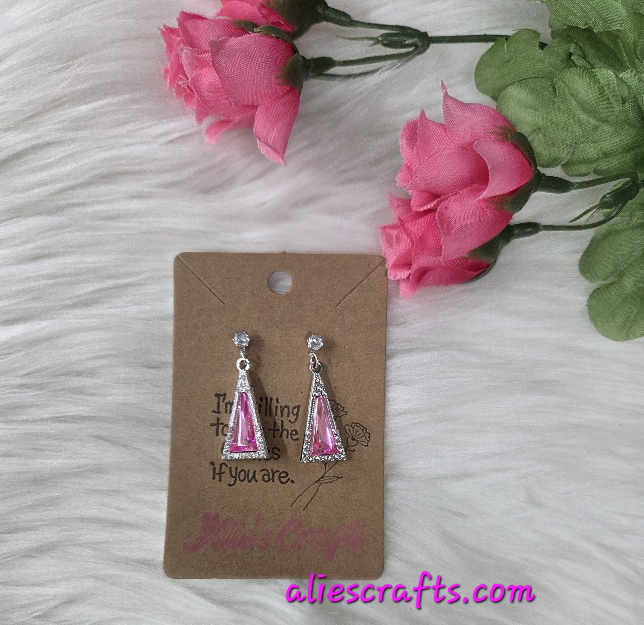Pink rhinestone triangle earrings - Image 2