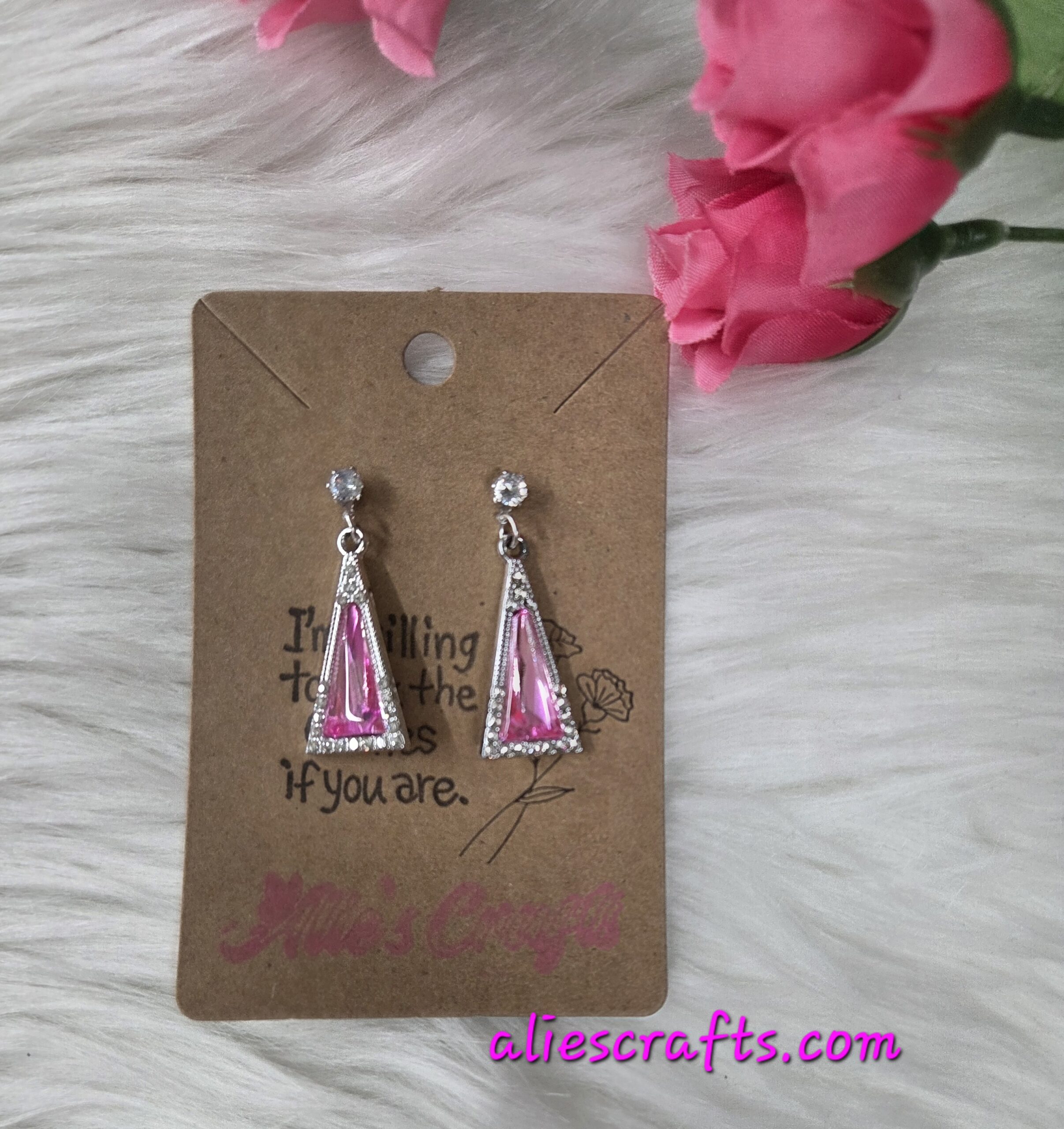 Pink rhinestone triangle earrings - Image 3