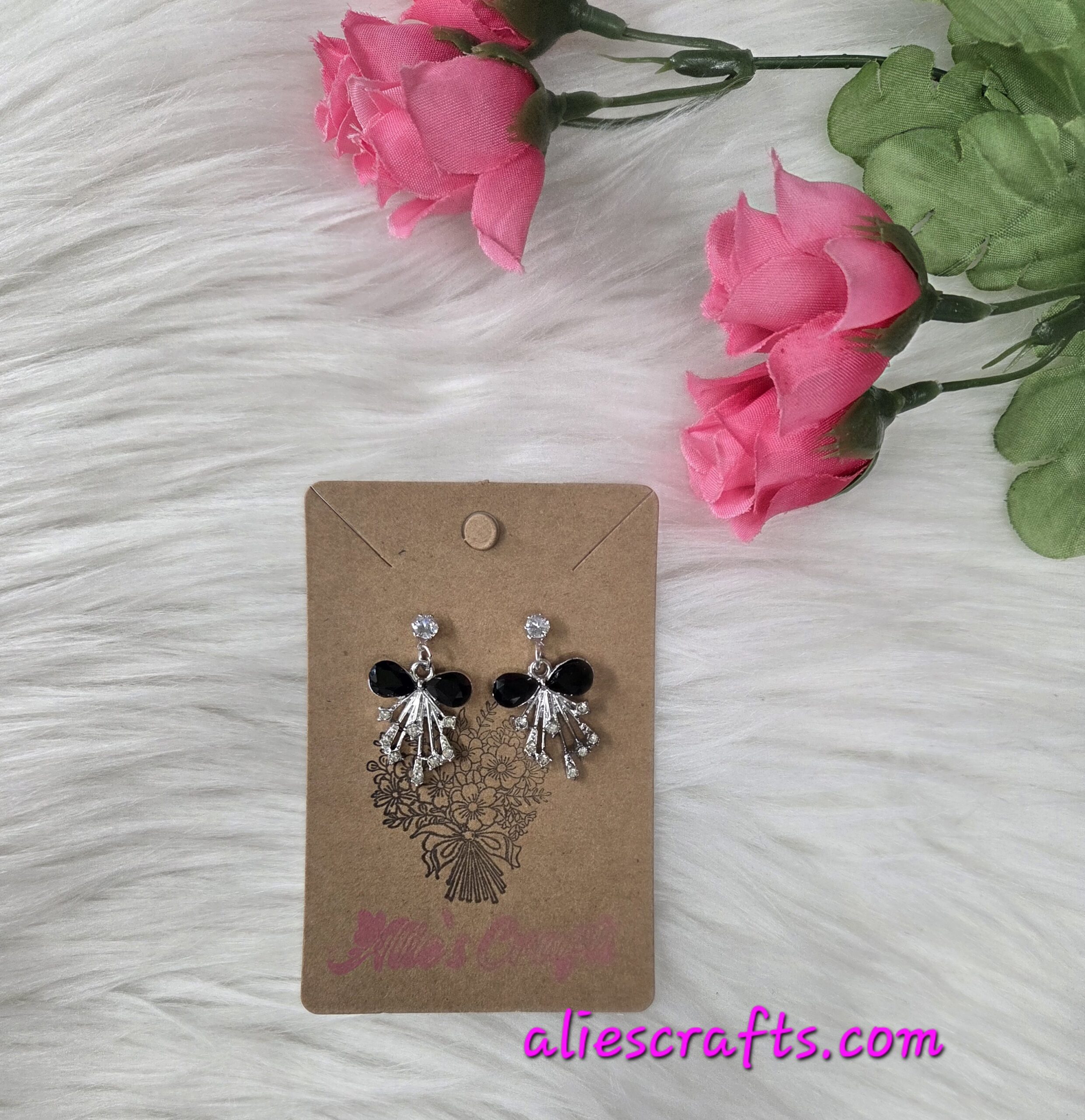 Black rhinestone bow earrings - Image 2